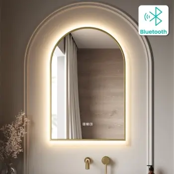 Maya Brushed Brass Arched Backlit Illuminated LED Mirror With BLUETOOTH Speaker 750x500mm