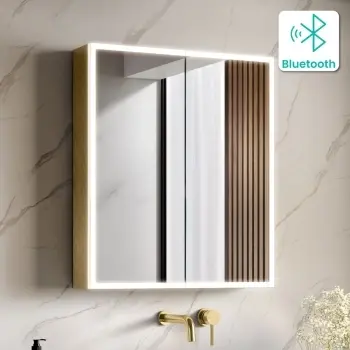 Margot Brushed Brass Illuminated LED Mirror Cabinet With BLUETOOTH Speaker & USB Port 700x600mm