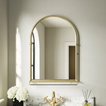 Avoca Traditional Brushed Brass Arched Mirror with Shelf 700x490mm