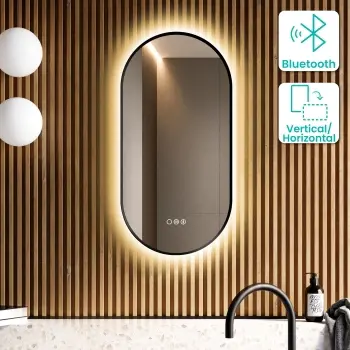 Adele Pill Matt Black Backlit Illuminated LED Mirror With BLUETOOTH Speaker 800x400mm