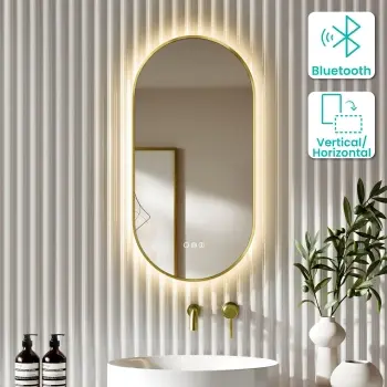 Adele Pill Brushed Brass Backlit Illuminated LED Mirror With BLUETOOTH Speaker 800x400mm