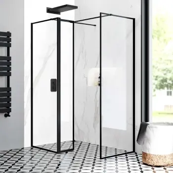 Munich Matt Black Framed 8mm Walk In Shower Enclosure 700mm & 700mm Glass with Pivotal Return Panel