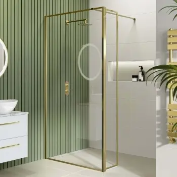 Munich Brushed Brass Framed 8mm Wet Room Shower Glass 1000mm & 250mm Pivotal Return Panel