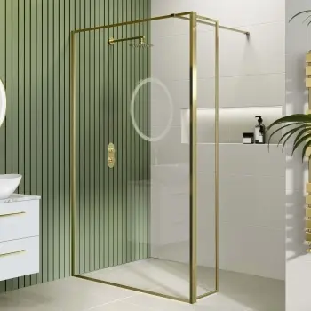 Munich Brushed Brass Framed 8mm Wet Room Shower Glass 1200mm & 250mm Pivotal Return Panel