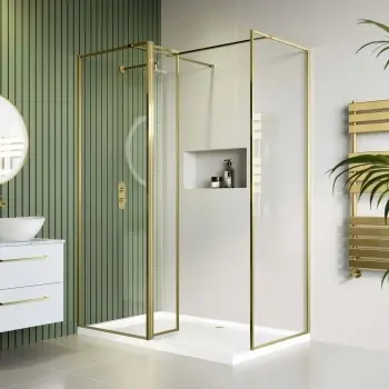 Munich Brushed Brass Framed 8mm Walk In Shower Enclosure 700mm & 700mm Glass with Return Panel