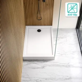 Doha Rectangular Gloss White Anti-Slip Stone Shower Tray 1000x700mm & Riser Kit