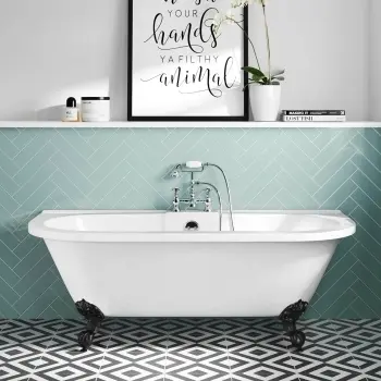 Harrow 1700mm Back To Wall Roll Top Bath - Black Ball Feet