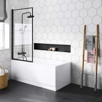 Stafford 1600x700 Round Shower Bath & 6mm Easy Clean Matt Black Framed Bath Screen