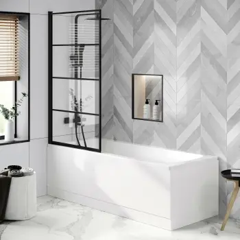 Hereford 1700x700 Square Shower Bath & 6mm Easy Clean Matt Black Grid Bath Screen