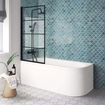 Oakham 1700 Space Saving Shower Bath & 6mm Easy Clean Matt Black Grid Bath Screen - Left Handed