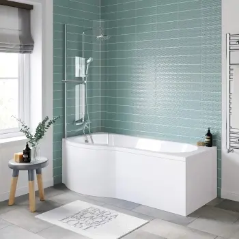P Shaped 1700 Shower Bath with Front Panel & 4mm Screen with Rail - Left Handed