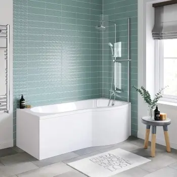 P Shaped 1700 Shower Bath with Front Panel & 4mm Screen with Rail - Right Handed