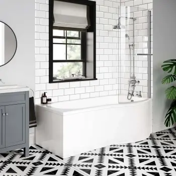 P Shaped 1700 Shower Bath with Front Panel & 6mm Easy Clean Screen with Rail - Right Handed
