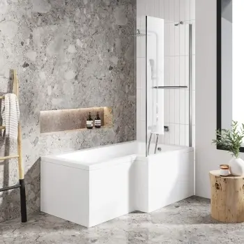 L Shaped 1500 Shower Bath with Front Panel & 4mm Fixed Screen with Rail - Right Handed
