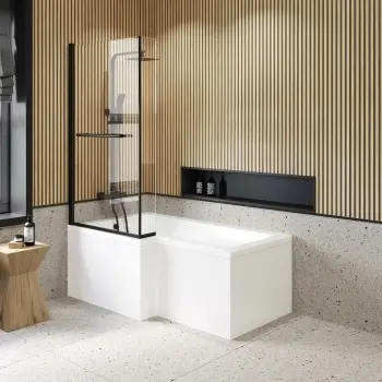 L Shaped 1500 Shower Bath with Front Panel & 6mm Matt Black Easy Clean Screen with Rail - Left Handed