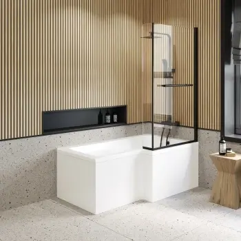 L Shaped 1500 Shower Bath with Front Panel & 6mm Matt Black Easy Clean Screen with Rail - Right Handed