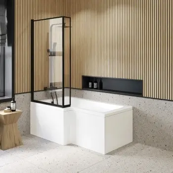 L Shaped 1500 Shower Bath & 6mm Easy Clean Matt Black Framed Bath Screen - Left Handed