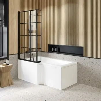 L Shaped 1500 Shower Bath with Front Panel & 6mm Easy Clean Matt Black Grid Bath Screen - Left Handed