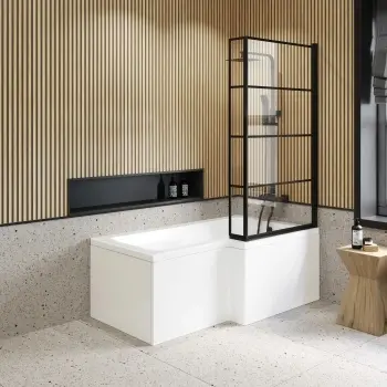 L Shaped 1500 Shower Bath with Front Panel & 6mm Easy Clean Matt Black Grid Bath Screen - Right Handed