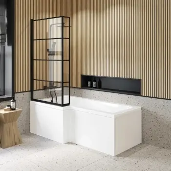 L Shaped 1700 Shower Bath with Front Panel & 6mm Easy Clean Matt Black Grid Bath Screen - Left Handed