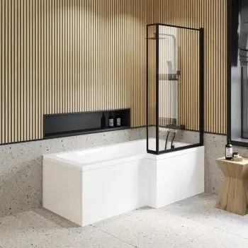L Shaped 1700 Shower Bath with Front Panel & 6mm Easy Clean Matt Black Framed Bath Screen - Right Handed