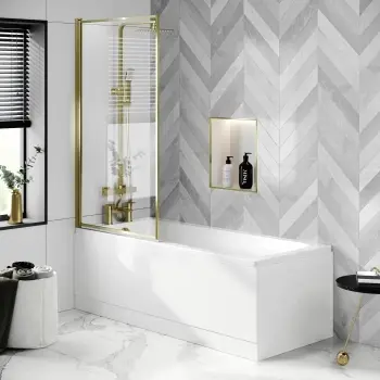 Hereford 1500x700 Square Shower Bath & 6mm Easy Clean Brushed Brass Framed Bath Screen