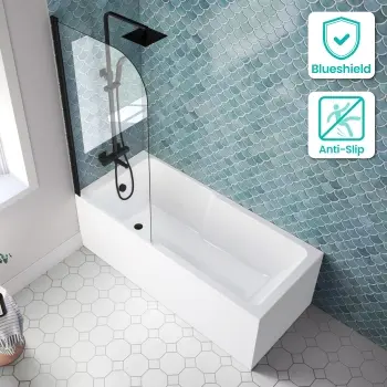 Antigua 1700x750 Keyhole Shower Bath & 6mm Easy Clean Matt Black Bath Screen