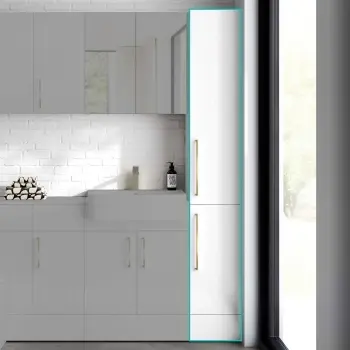 Harper Gloss White Floor Standing Tall Cabinet 1900x300mm - Brushed Brass Accents