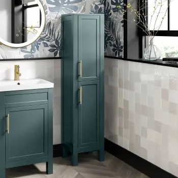 Bermuda Midnight Green Floor Standing Tall Cabinet 1500x350mm - Brass Knurled Handles