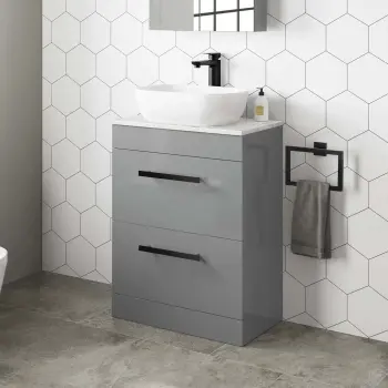 Avon Stone Grey Vanity Drawer with Marble Top & Curved Counter Top Basin 600mm - Black Accents