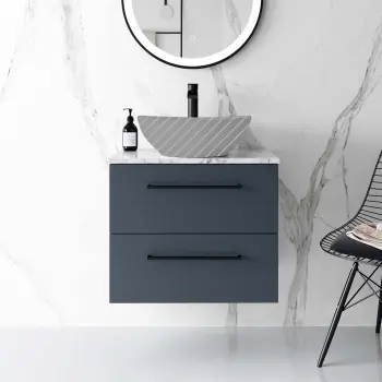 Elba Inky Blue Wall Hung Drawer 600mm Excludes Counter Top Basin - Black Accents