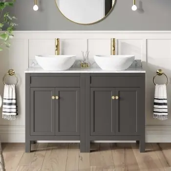 Bermuda Graphite Grey Vanity with Marble Top & Oval Counter Top Basin 1200mm - Brushed Brass Accents