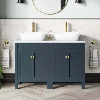 Bermuda Inky Blue Vanity with Marble Top & Curved Counter Top Basin 1200mm - Brushed Brass Accents
