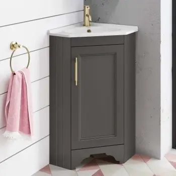 Lucia Graphite Grey Corner Basin Vanity 400mm - Brass Knurled Handle
