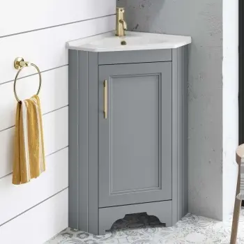 Lucia Dove Grey Corner Basin Vanity 400mm - Brass Knurled Handle