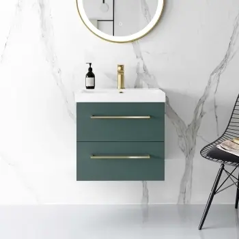 Elba Midnight Green Wall Hung Basin Drawer Vanity 500mm - Brushed Brass Accents