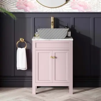 Bermuda Cashmere Pink Cabinet with Marble Top 600mm (Excludes Counter Top Basin) - Brushed Brass Accents