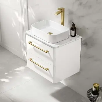 Omaha Gloss White Wall Hung Drawer Vanity with Marble Top & Marin Basin 600mm - Brushed Brass Accents