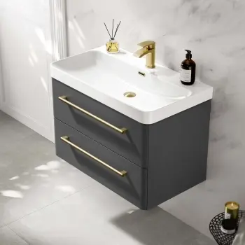 Omaha Slate Grey Wall Hung Basin Drawer Vanity 800mm - Brushed Brass Accents