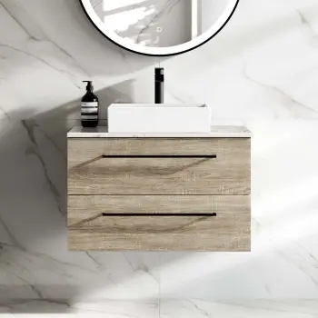 Elba Dawn Oak Wall Hung Drawer Vanity with Marble Top & Cody Basin 800mm - Black Accents