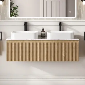Malta Fluted Country Oak Double Wall Hung Drawer Vanity with Marble Top & Marin Basin 1200mm