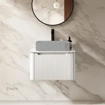 Sorrento Fluted Coastal White Wall Hung Drawer Vanity with Marble Top 600mm - Excludes Counter Top Basin