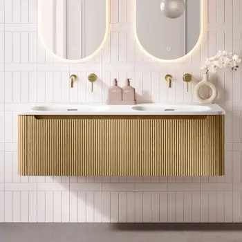 Sorrento Fluted Country Oak Wall Hung Drawer Vanity with Matt White Double Basin 1200mm