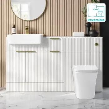 Sicily Fluted Coastal White Combination Vanity Basin with Marble Top & Houston Toilet 1500mm - Brushed Brass Accents