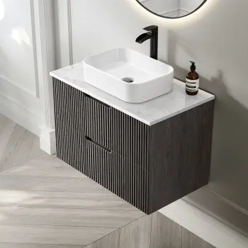Crete Fluted Charcoal Elm Wall Hung Drawer Vanity with Marble Top & Marin Basin 800mm