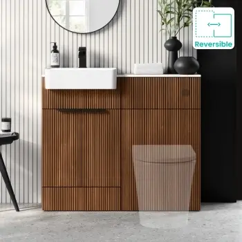 Sicily Fluted Black Walnut Basin Vanity with Marble Top & Back To Wall Unit 1000mm (Excludes Toilet) - Black Accents