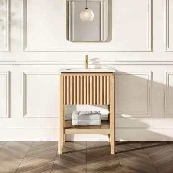 Maru Oak Wood Grain Vanity Unit & Matt White Stone Basin 600mm