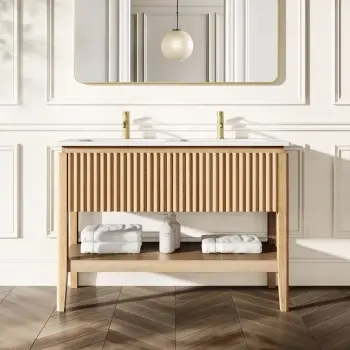 Maru Oak Wood Grain Vanity Unit & Matt White Double Stone Basin 1200mm