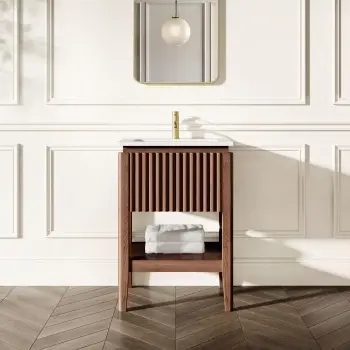 Maru Walnut Wood Grain Vanity Unit & Matt White Stone Basin 600mm