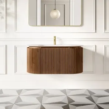 Positano Natural Walnut Curved Wall Hung Basin Drawer Vanity 1000mm